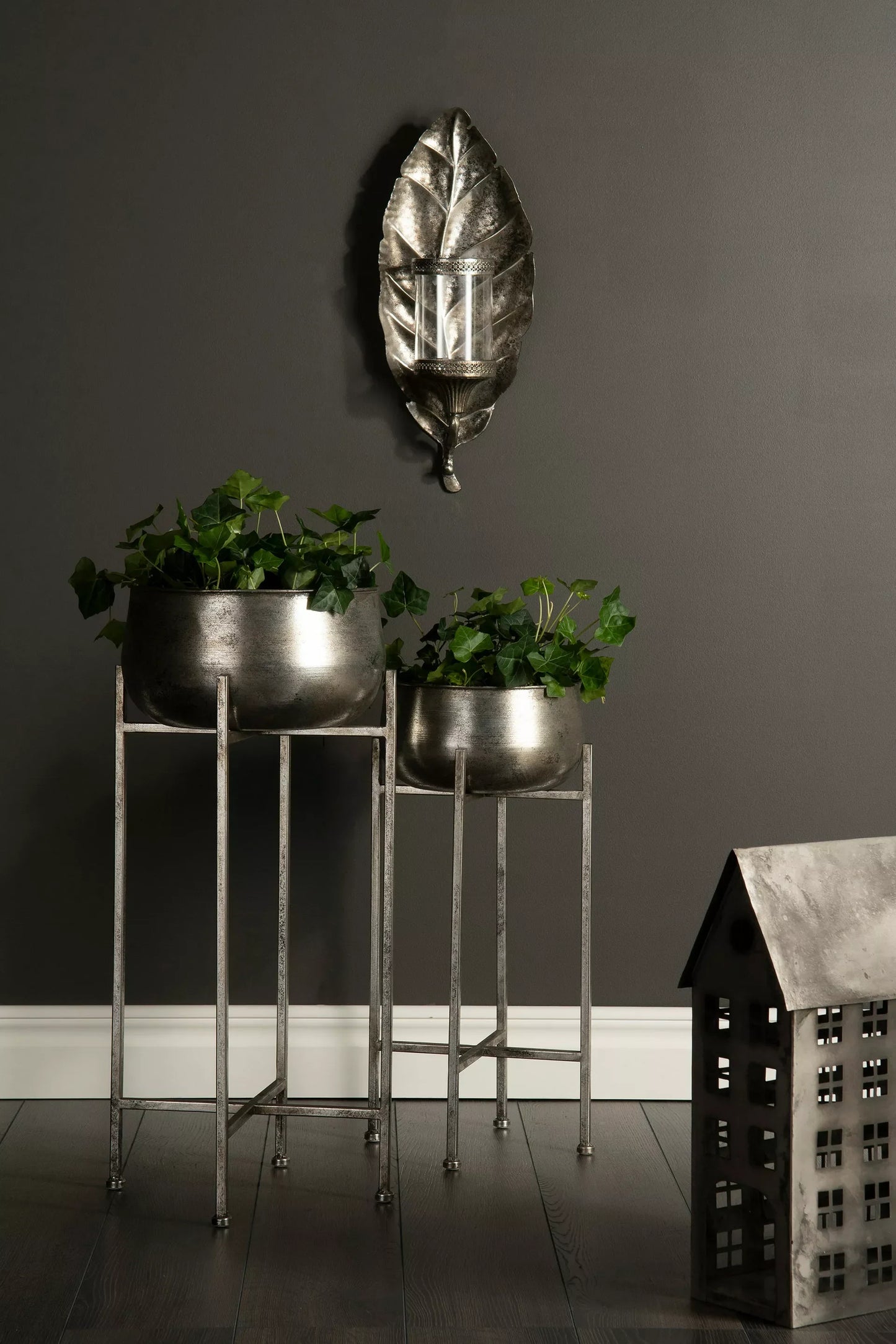 Lysestage Væg Blad Antik Silver 20x11x49cm