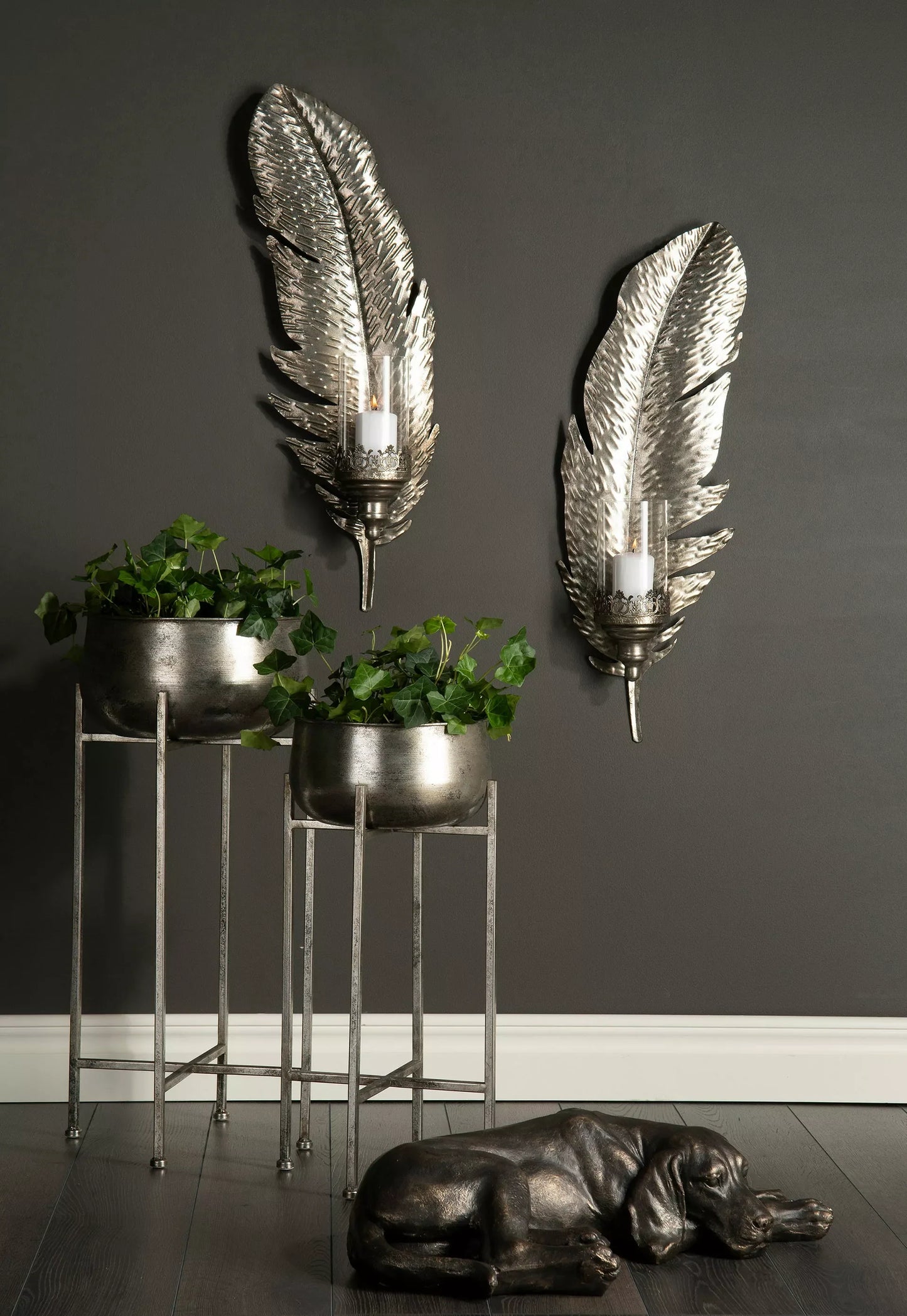 Lysestage Væg Fjeder Antik Sølv 2-Pack Mix 24x12x74cm