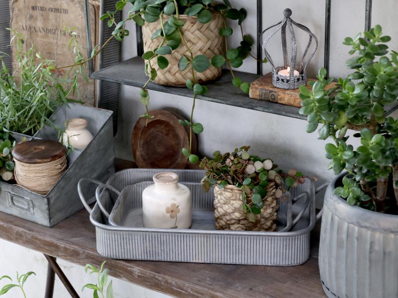 Dekorativt fad bakke med riller small antik zink H8/L36/B21,5 cm