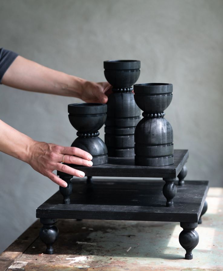 Lysestage i træ 3-pak 15/20/25 cm sort