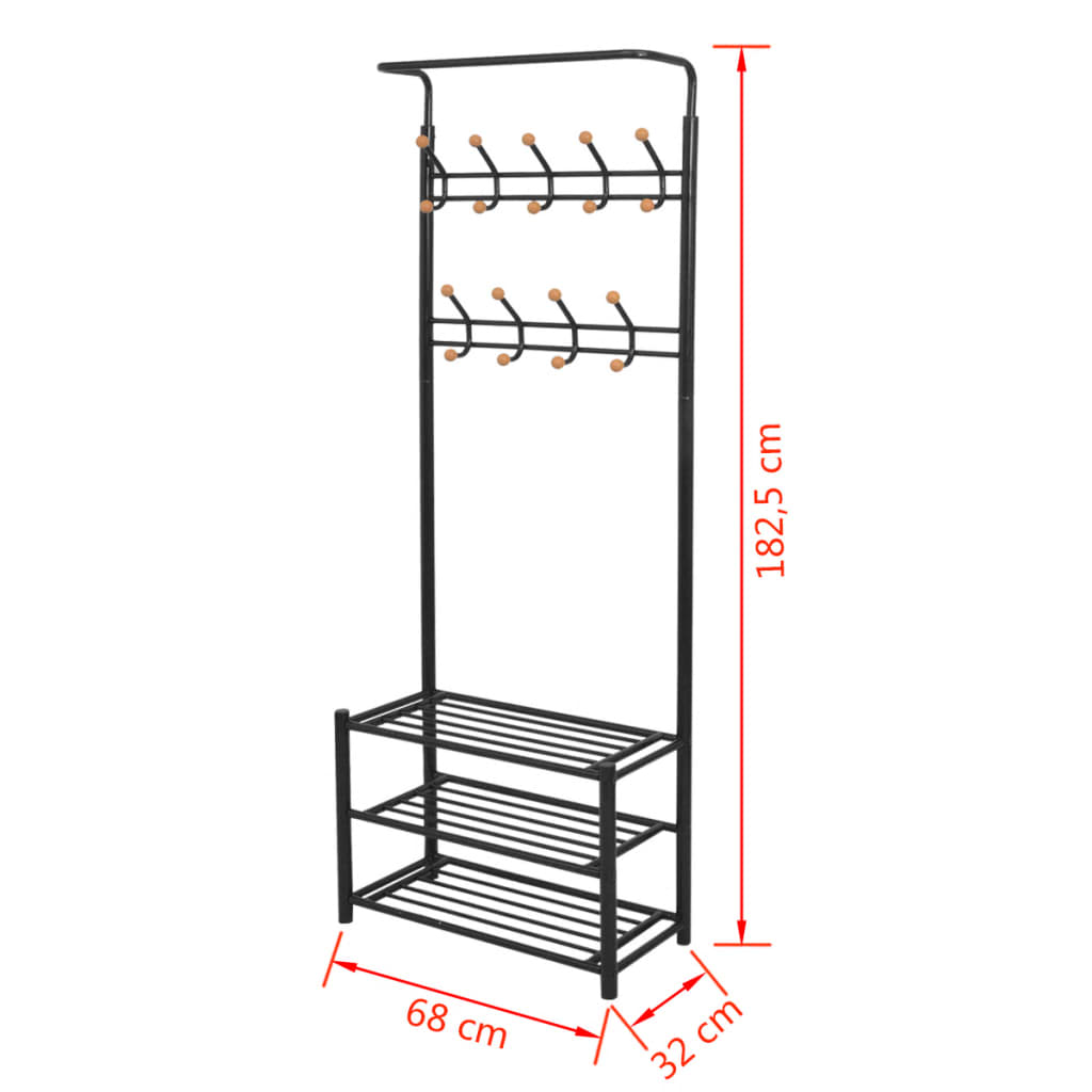 Garderobestativ knagerække med skoopbevaring 68 x 32 x 182,5 cm sort