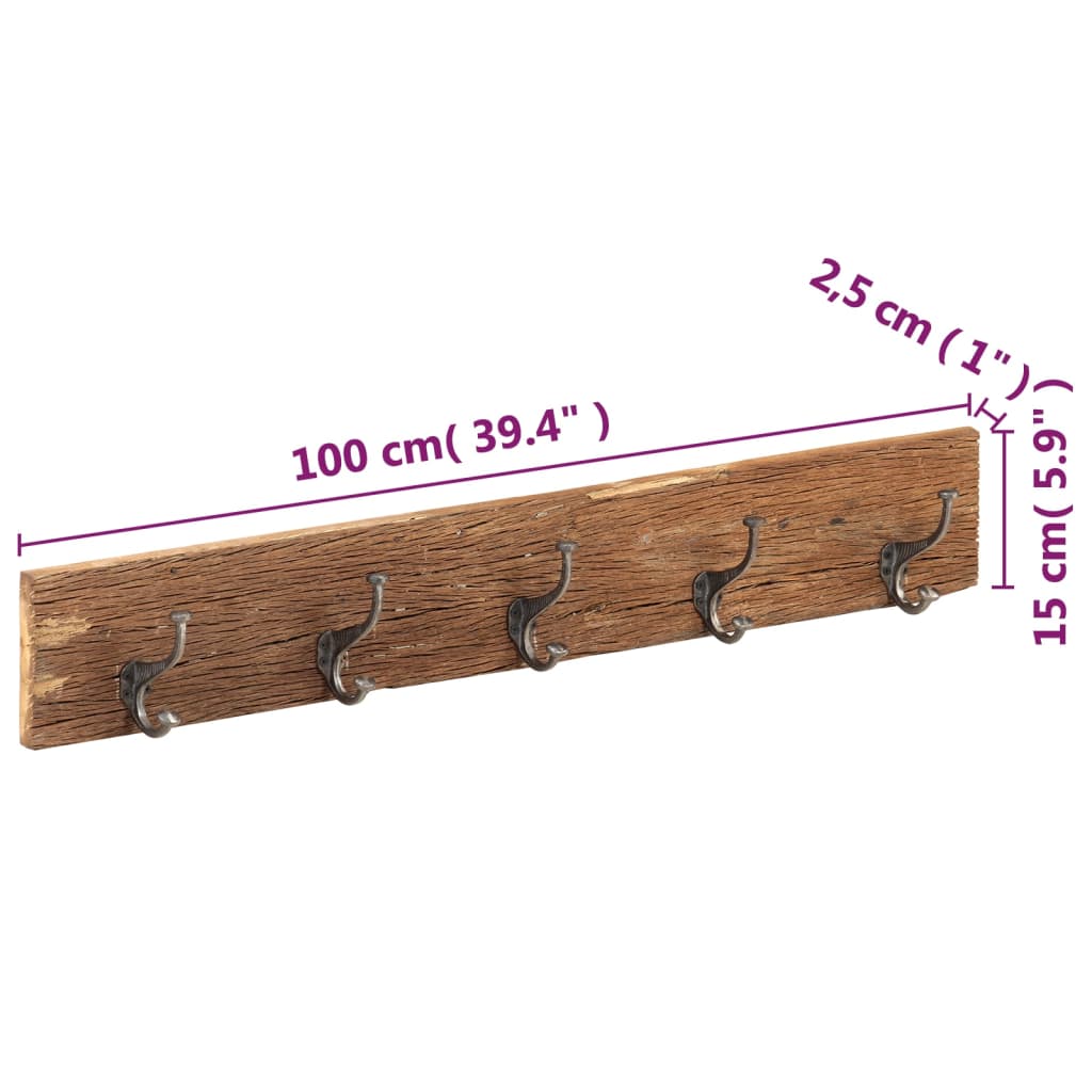 Garderobestativ knagerække med 5 knager 100x2,5x15 cm massivt genbrugstræ