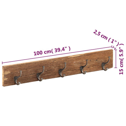 Garderobestativ knagerække med 5 knager 100x2,5x15 cm massivt genbrugstræ