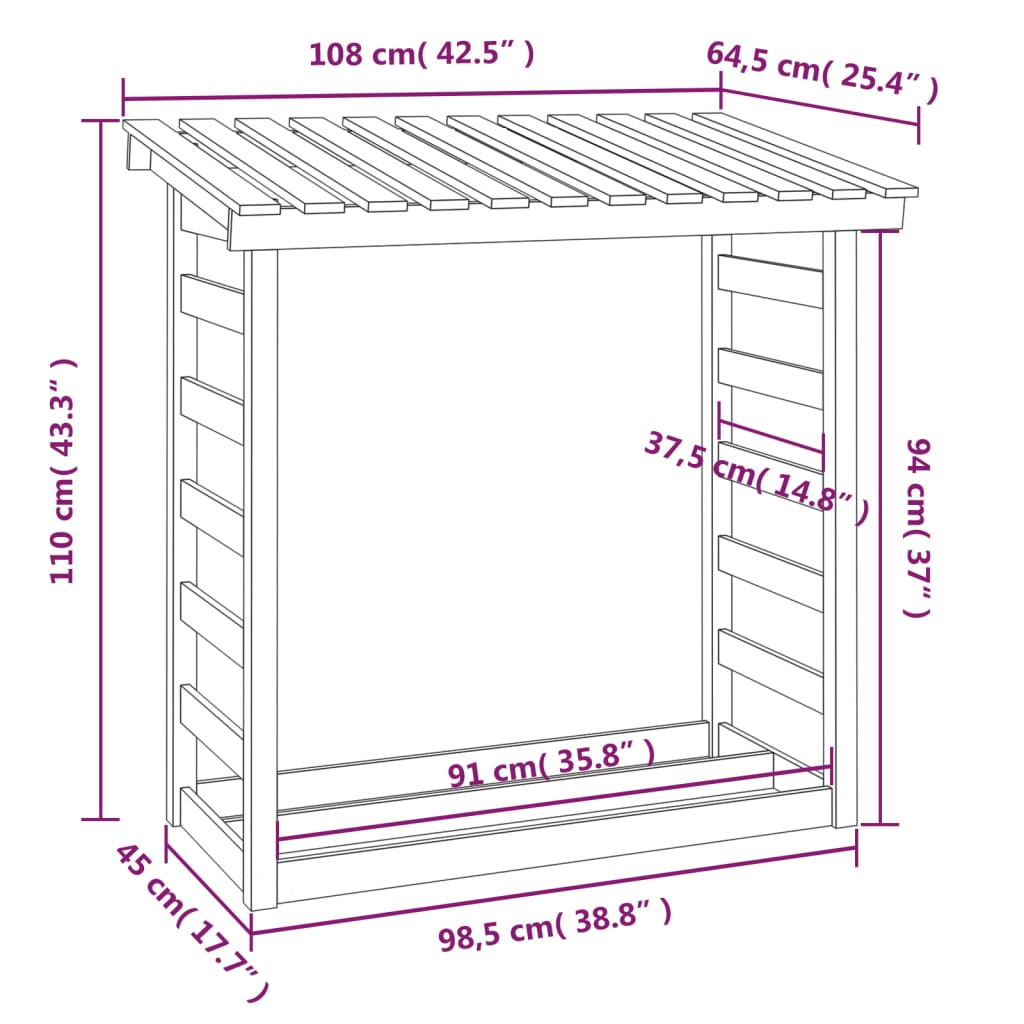 brændestativ 108x64,5x110 cm massivt fyrretræ