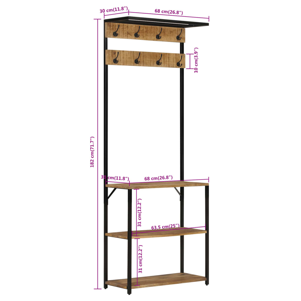 Garderobestativ knagerække med skoopbevaring 68x30x182 cm massivt ru mangotræ