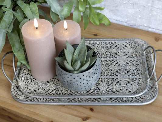 Dekorativt fad  m. mønster og håndtag 2-pack H5/L43/B23 cm antique zink