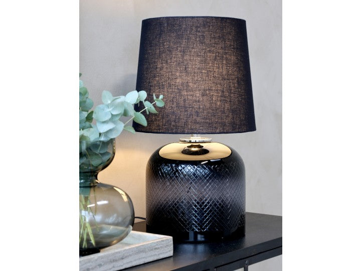 Bordlampe i smoked glas m. slibninger H54/Ø25,5 kul m. skærm